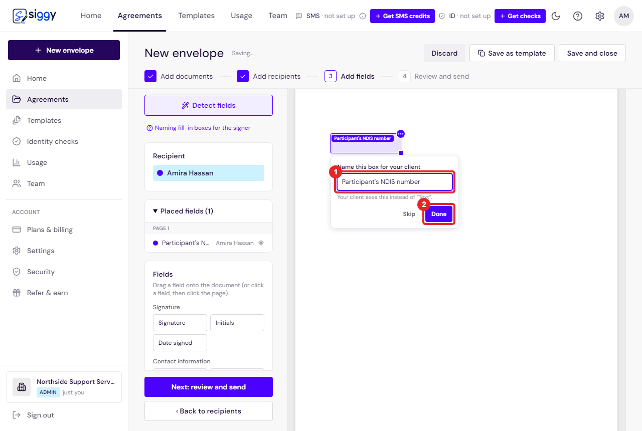 The naming prompt with Participant's NDIS number typed in and the Done button
