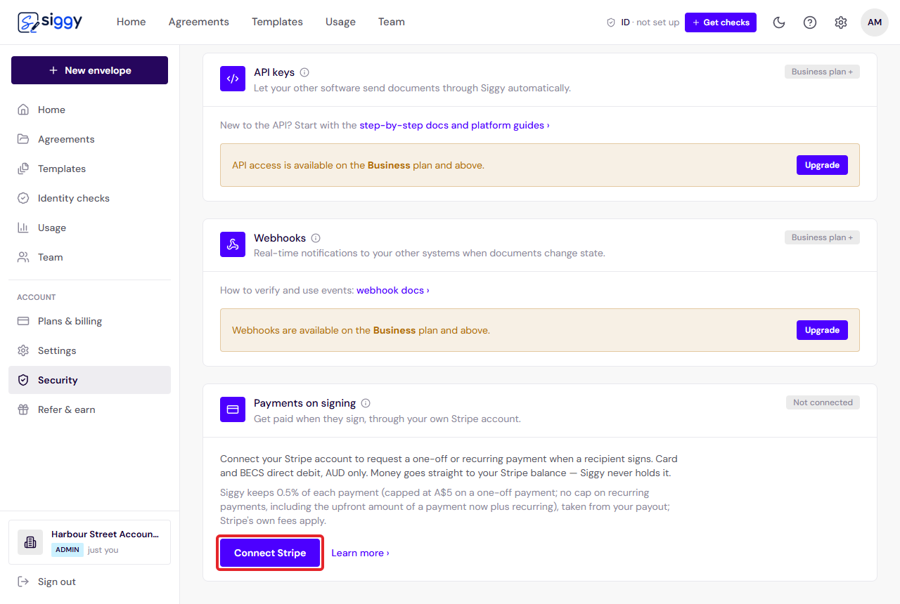 The Payments on signing card on the Security page with the Connect Stripe button highlighted