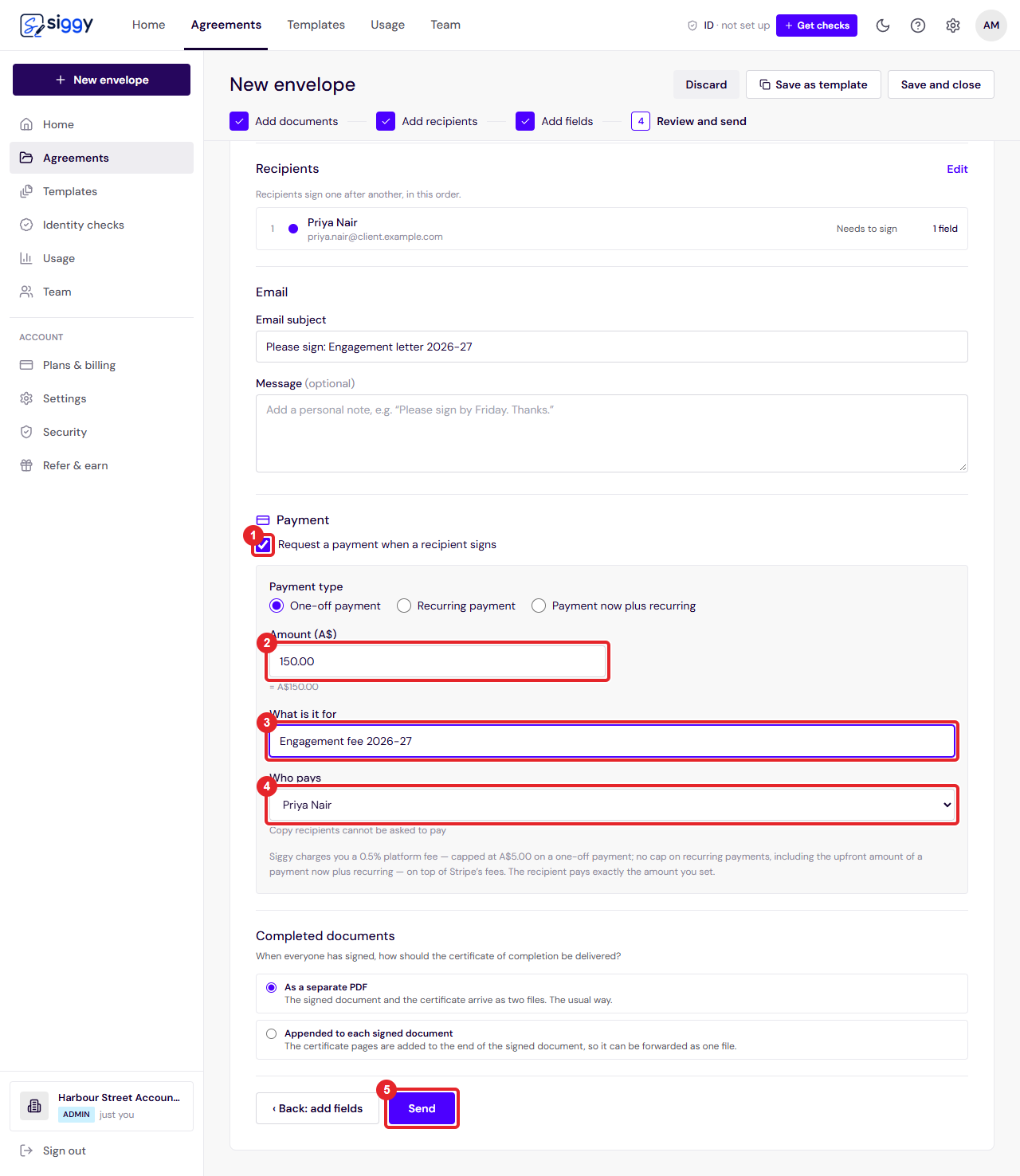 The Review and send step with Request a payment ticked, the amount filled in and the Send button highlighted
