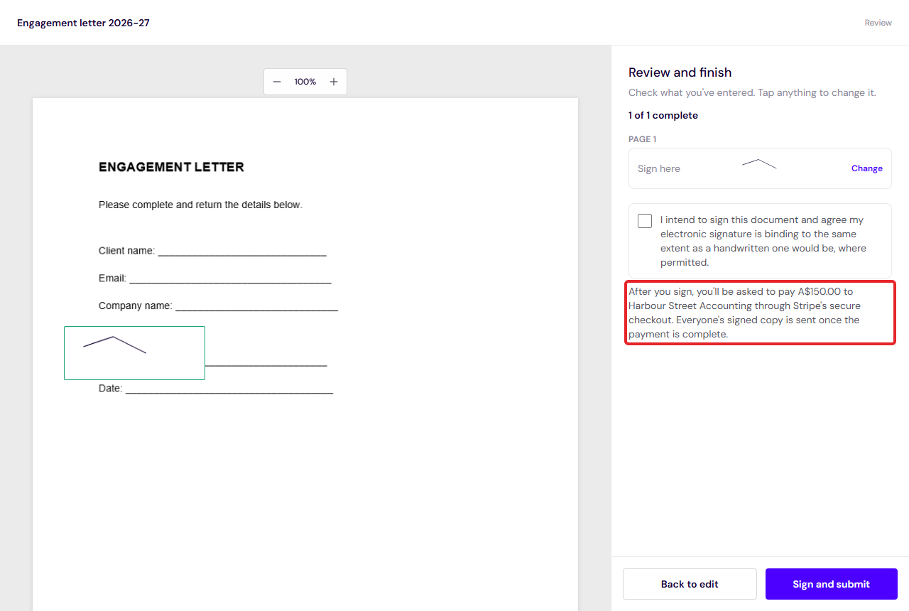 The signer's review screen with the payment note highlighted