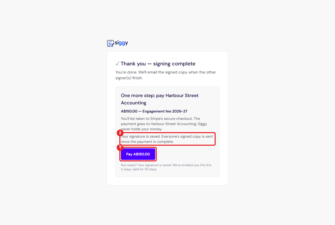 The payer's page after signing, with the Pay button and the note that the signed copy is sent once paid