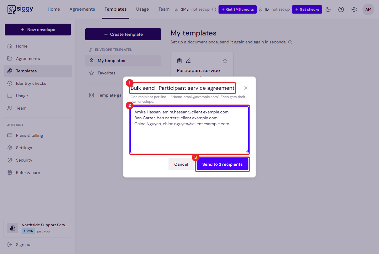 The Bulk send dialog on the Templates page with a list of names and emails pasted in