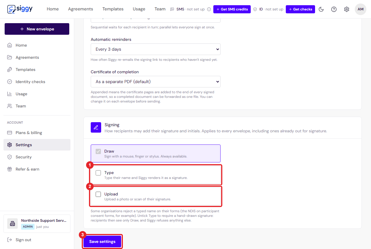 Type and Upload unticked and the Save settings button highlighted