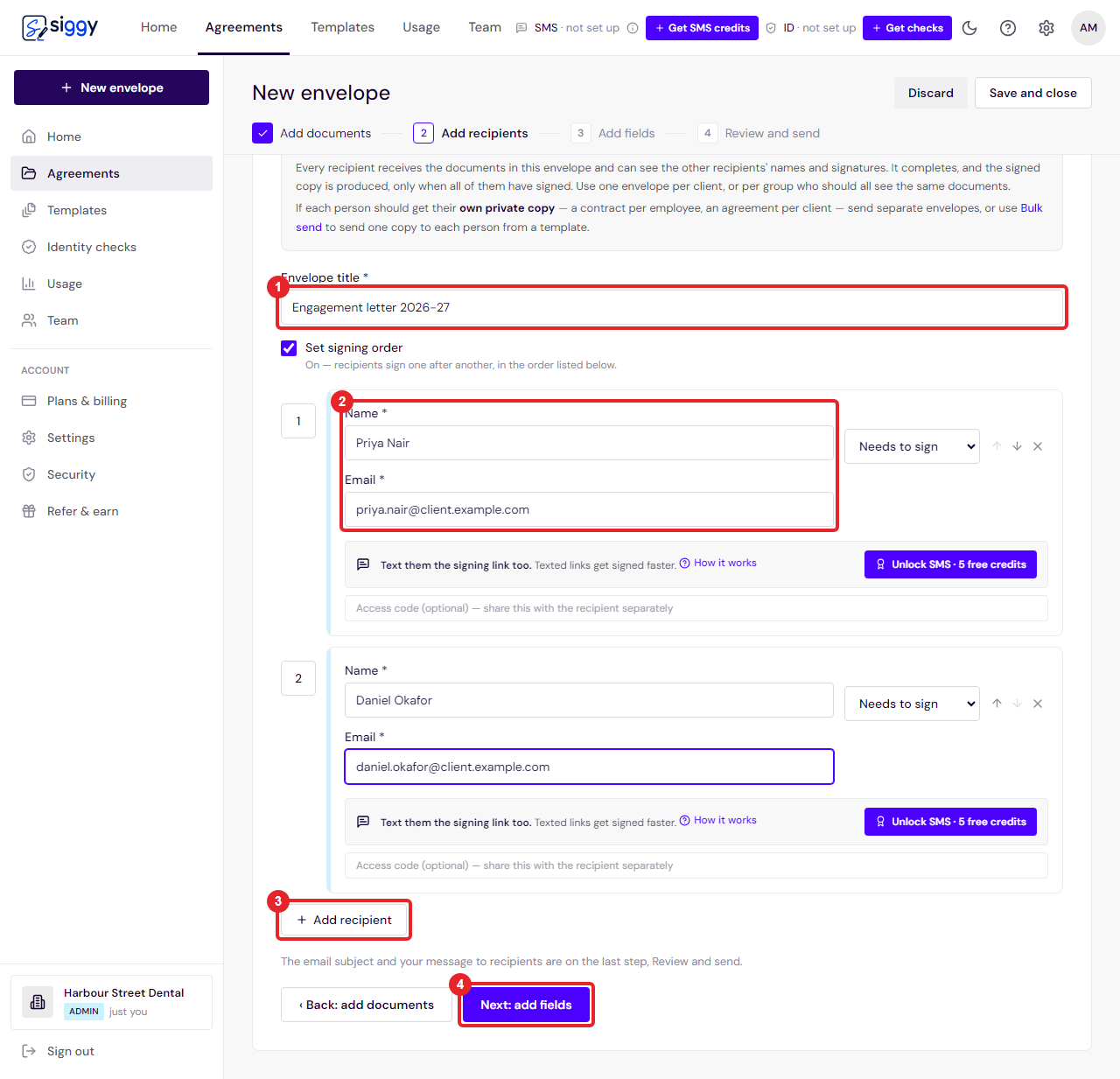 The Add recipients step with a title and two signers entered