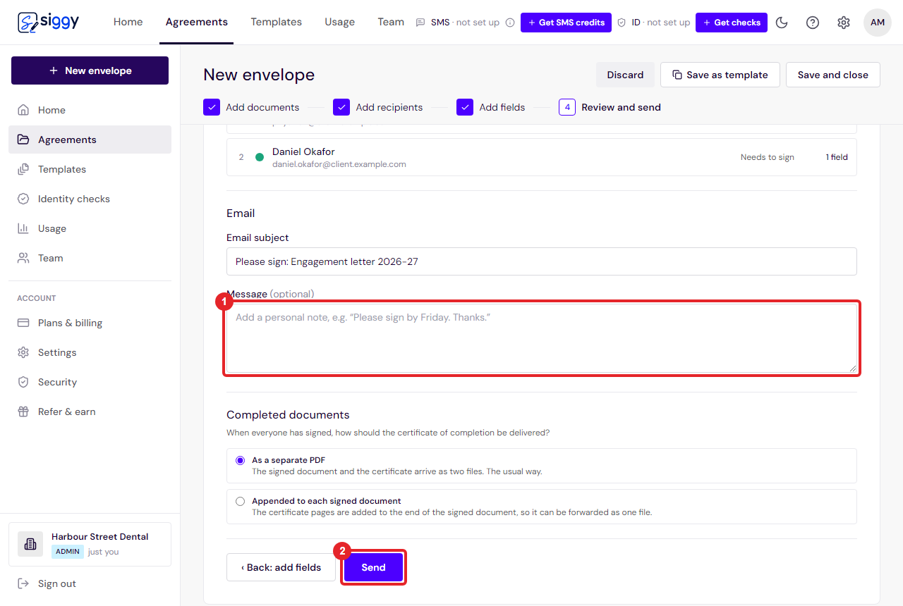 The Review and send step with the Send button highlighted