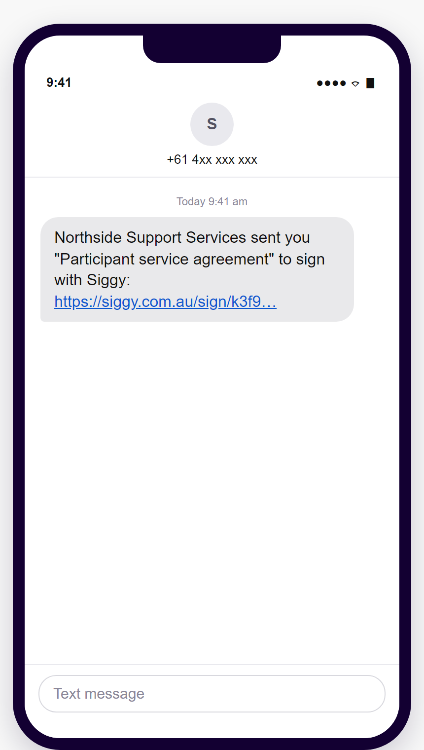 A phone showing the text message with the signing link