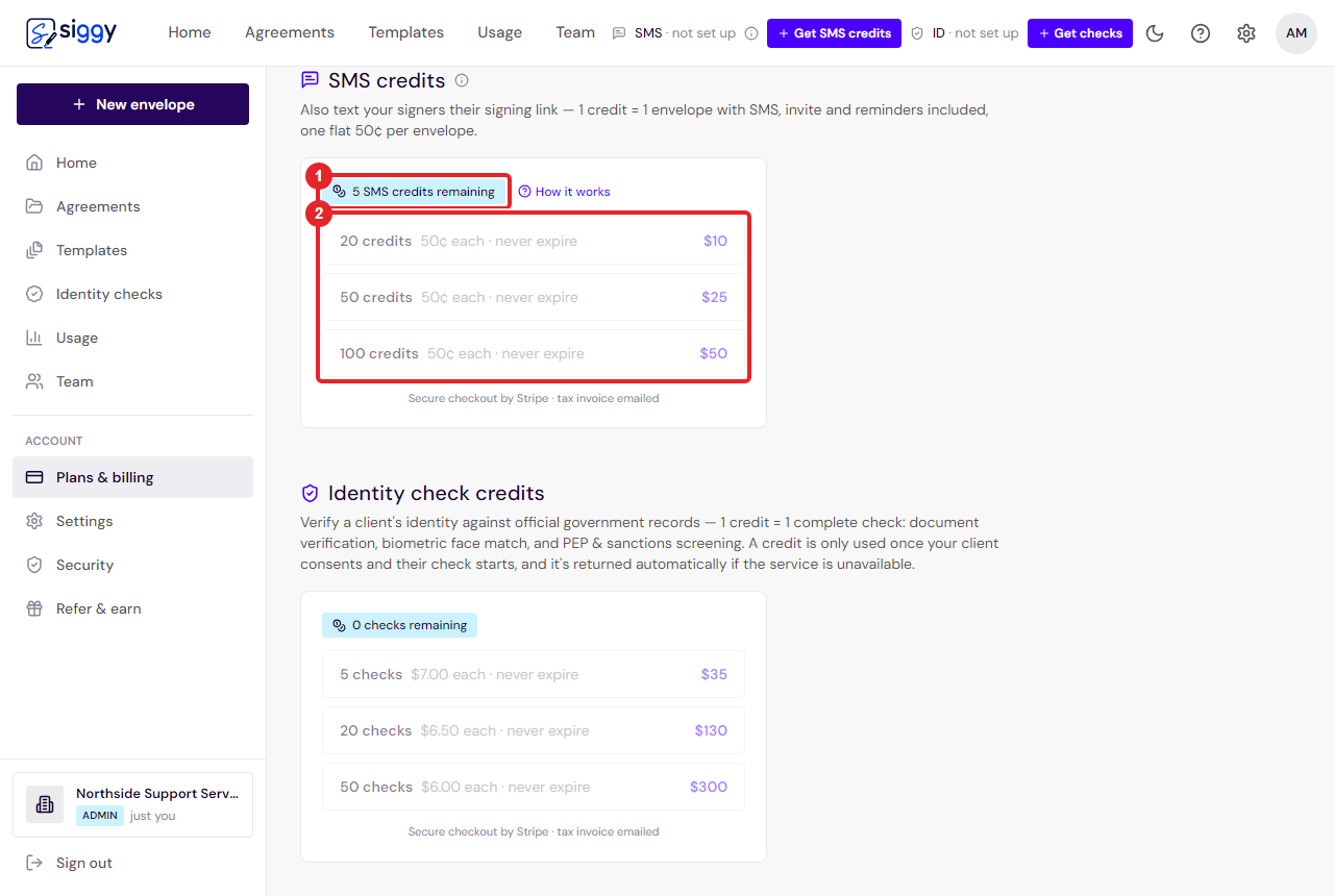 The SMS credit packs on Plans & billing
