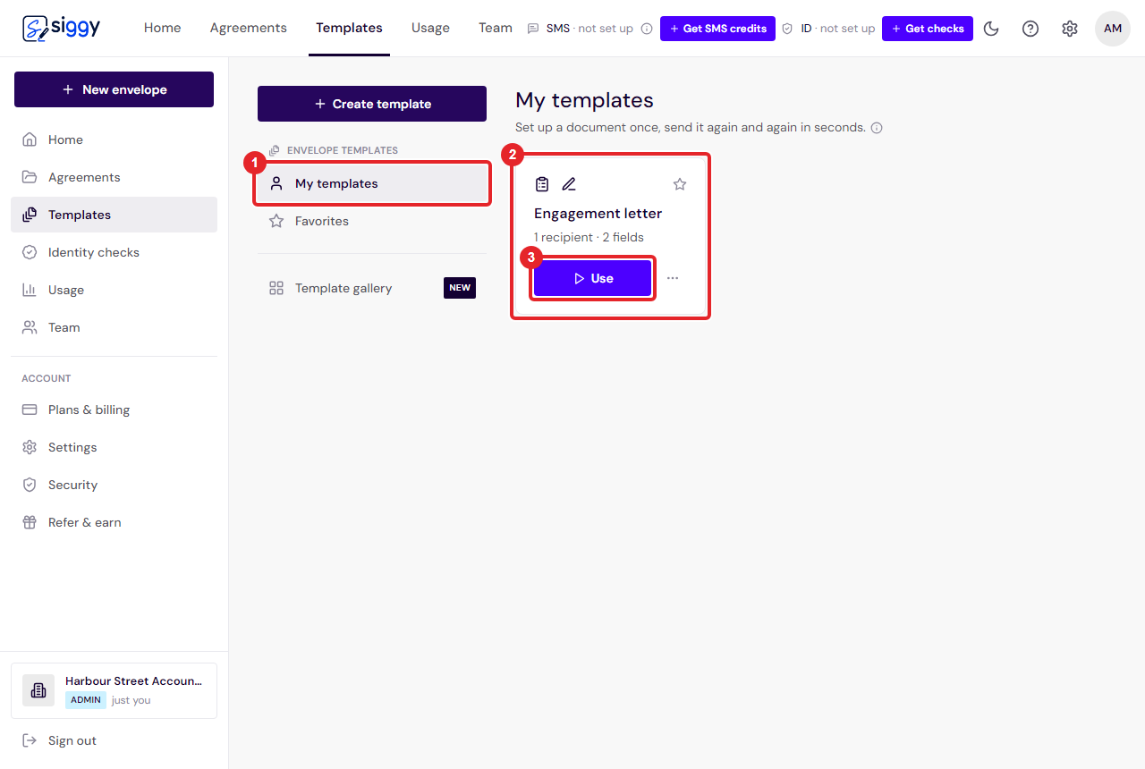 The Templates page with the saved template and its Use button highlighted