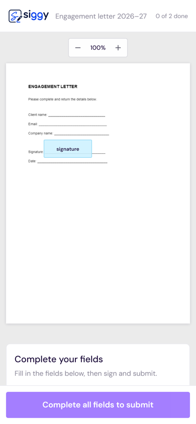 The signing page on a phone