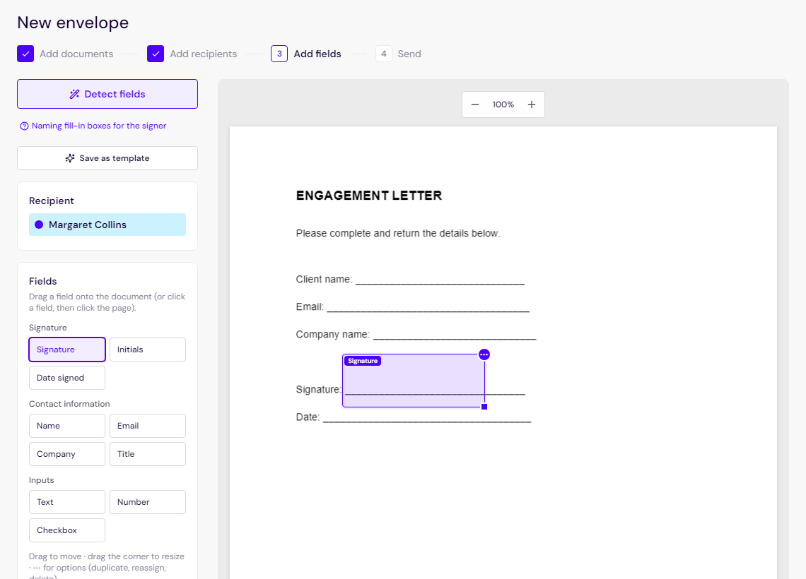Placing a signature field in Siggy
